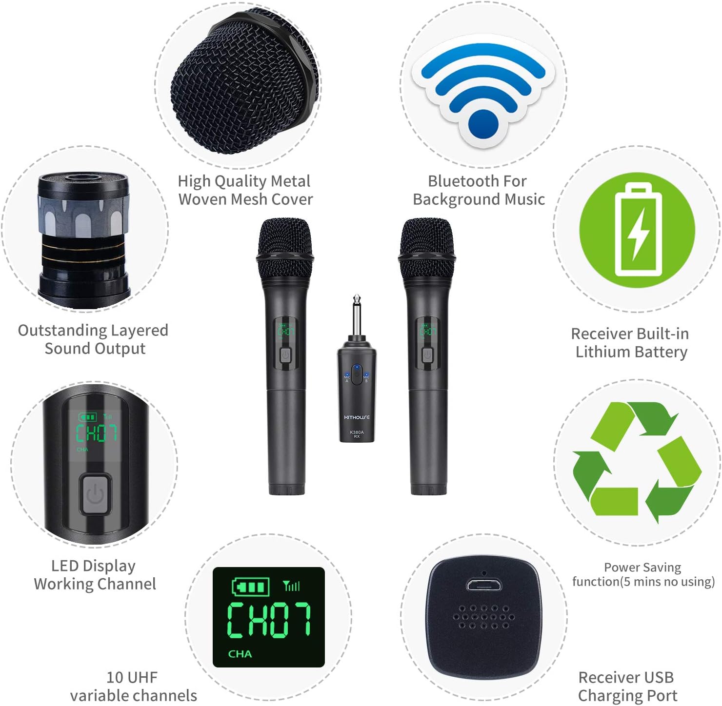 Kithouse K380A Wireless Microphone Karaoke Microphone Wireless Mic Dual With Rechargeable Bluetooth Receiver System Set - UHF Handheld Cordless Microphone For Singing Speech Church(Elegant Black): Musical Instruments