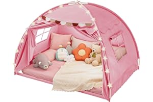 Dayacoco Large Toddler Bed Tent, Twin Kids Tent Indoor, Bed Canopy for Kids with Flags & Star Lights, Portable & Foldable Tee