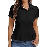 Belle Poque Womens Short Sleeve Button Down Shirts Work Tops Blouses for Women Dressy Casual