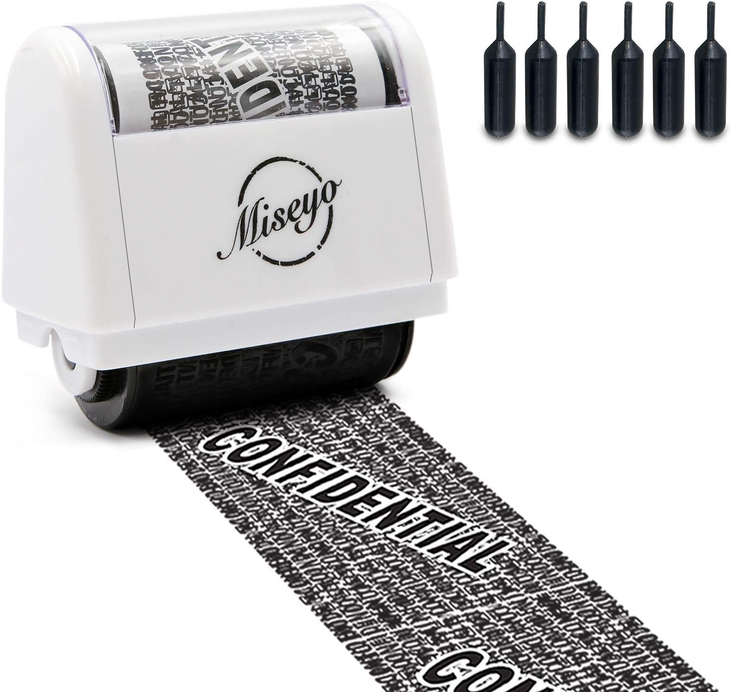 Miseyo Identity Theft Protection Roller Stamp Set - White (6 Refill Ink Incleded), Stamp+6 Refills