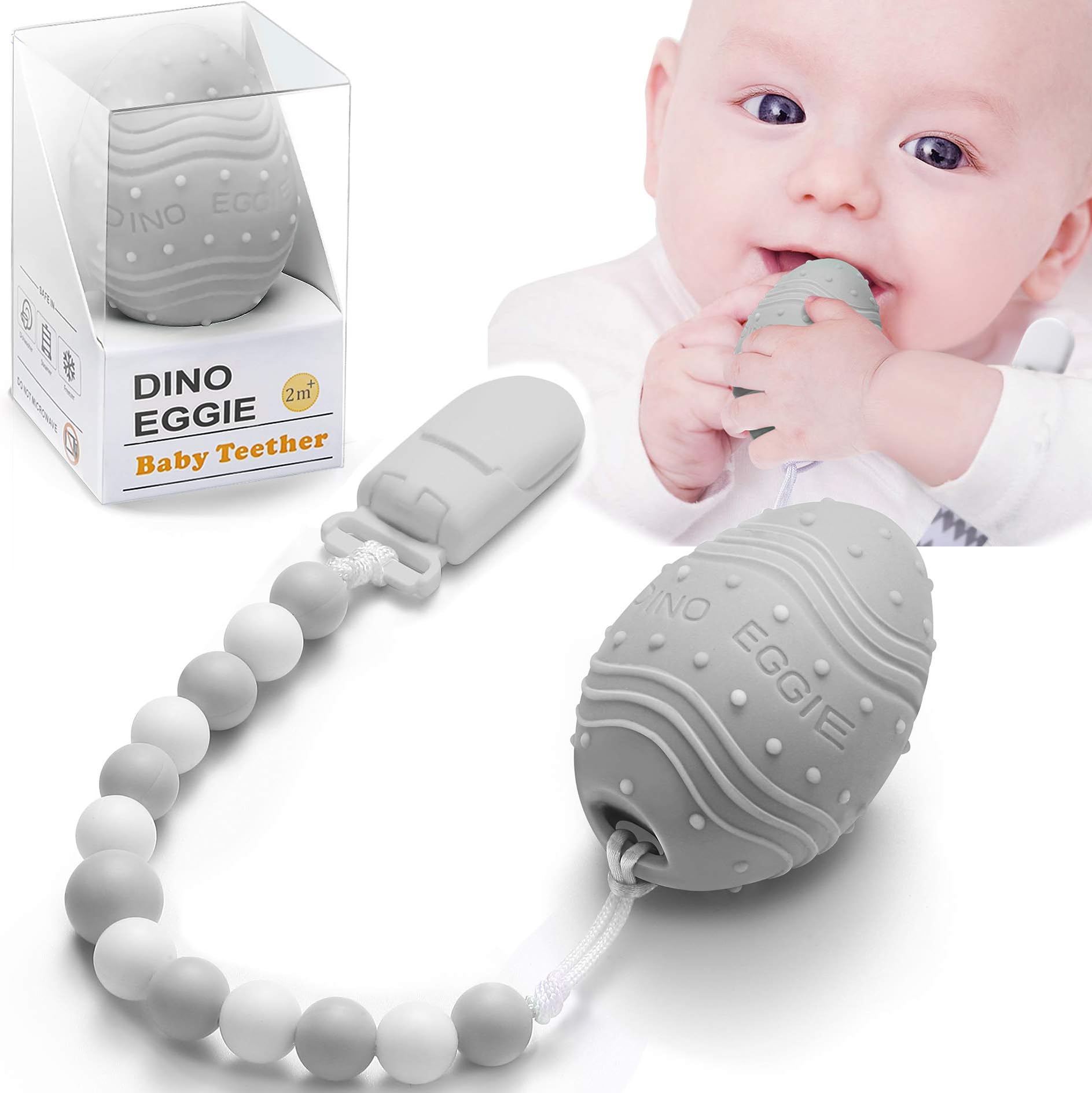 Dino Eggie Egg Teether Baby Teething Toy with Silicone Beaded Pacifier Holder Clip, BPA-Free, for Baby Boys and Girls (Gray)