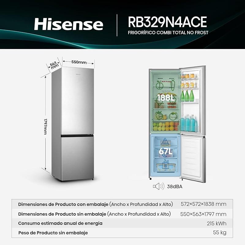 RB329N4ACE - Frigorífico combinado independente, Total No Frost com ventilação de fluxo múltiplo, Inox Look, altura 180 cm, capacidade líquida 255 L