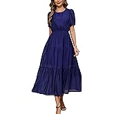 Kormei Women's Summer Casual Short Sleeve Round Neck Eastic Waist Tiered Boho Plain Beach Flowy Maxi Dress