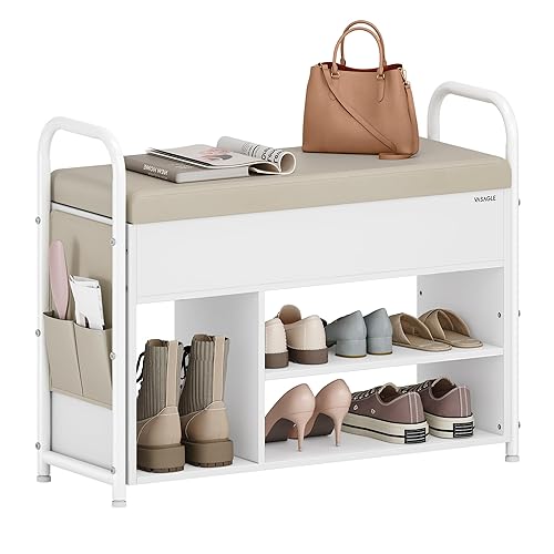 VASAGLE Shoe Storage Bench, Shoe Rack, Entryway Furniture, Inner Storage Under the Lid, PU Pockets, Convenient Handles, for Entryway, Living Room, Bedroom, Cloud White and Cuppuccino Beige LSB052W02