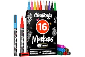 Chalkola Extra Fine Tip Chalk Markers for Blackboard & Glass (Pack of 16, 1mm Point) | Window Marker, Liquid Chalk Pens for Acrylic Dry Erase Board, Mirror, Car | Thin Chalkboard Markers Erasable