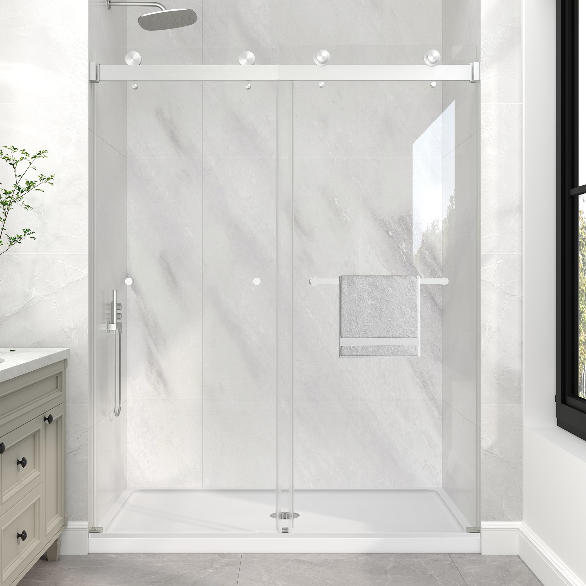 Photo 1 of *May be missing hardware* KPUY Frameless Shower Door, 43-48" W x 76" H Double Sliding Glass Shower Door, 1/4" (6mm) Thick Tempered Clear Glass with Explosion-Proof Film Nano Coating, Brushed Nickle