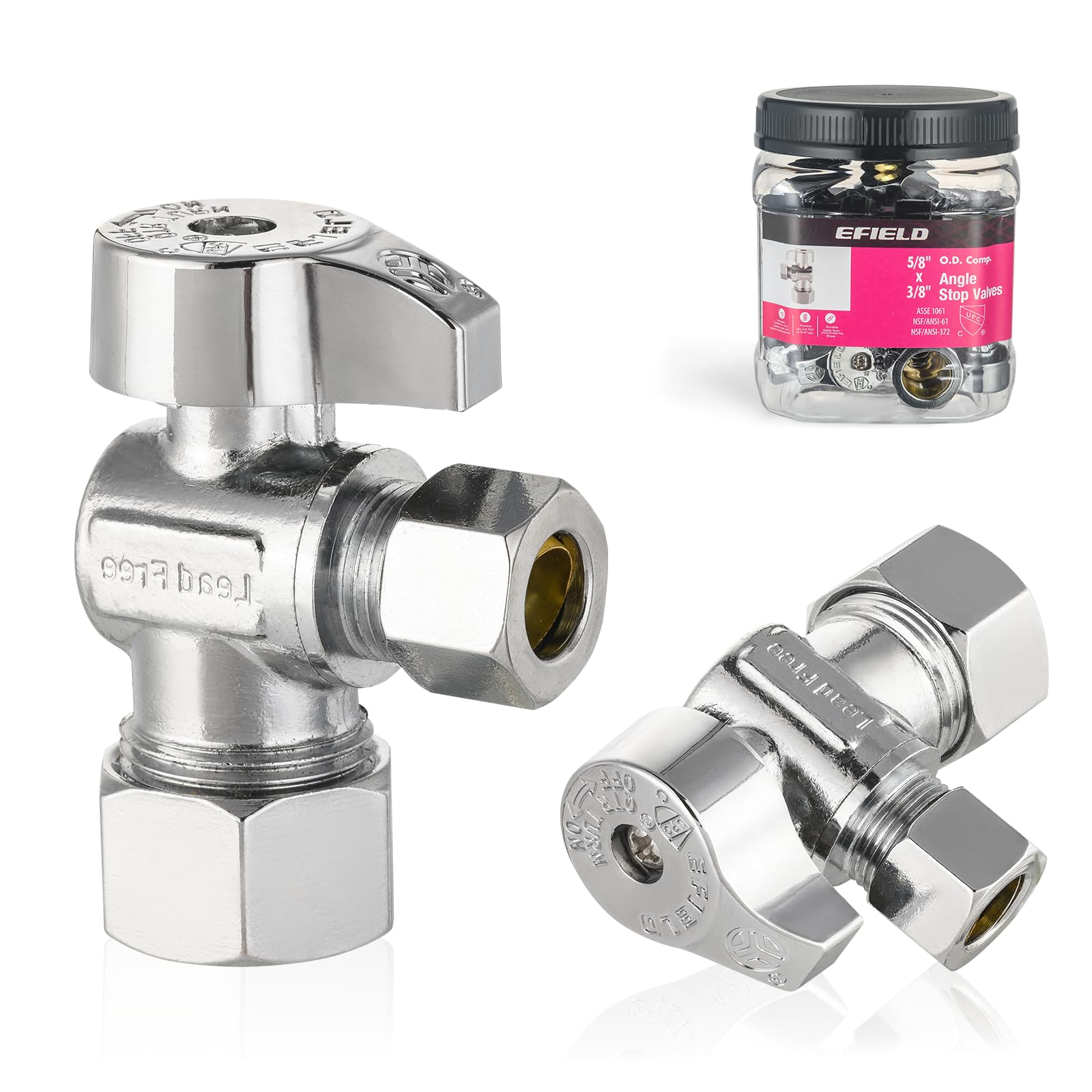 Photo 1 of Pro 8-Pack EFIELD Angle Stop Valve 1/2" Nominal (5/8" OD) Compression x 3/8" OD, 1/4-Turn, Heavy-duty, Chrome Plated LF Brass,(VALVE371)
