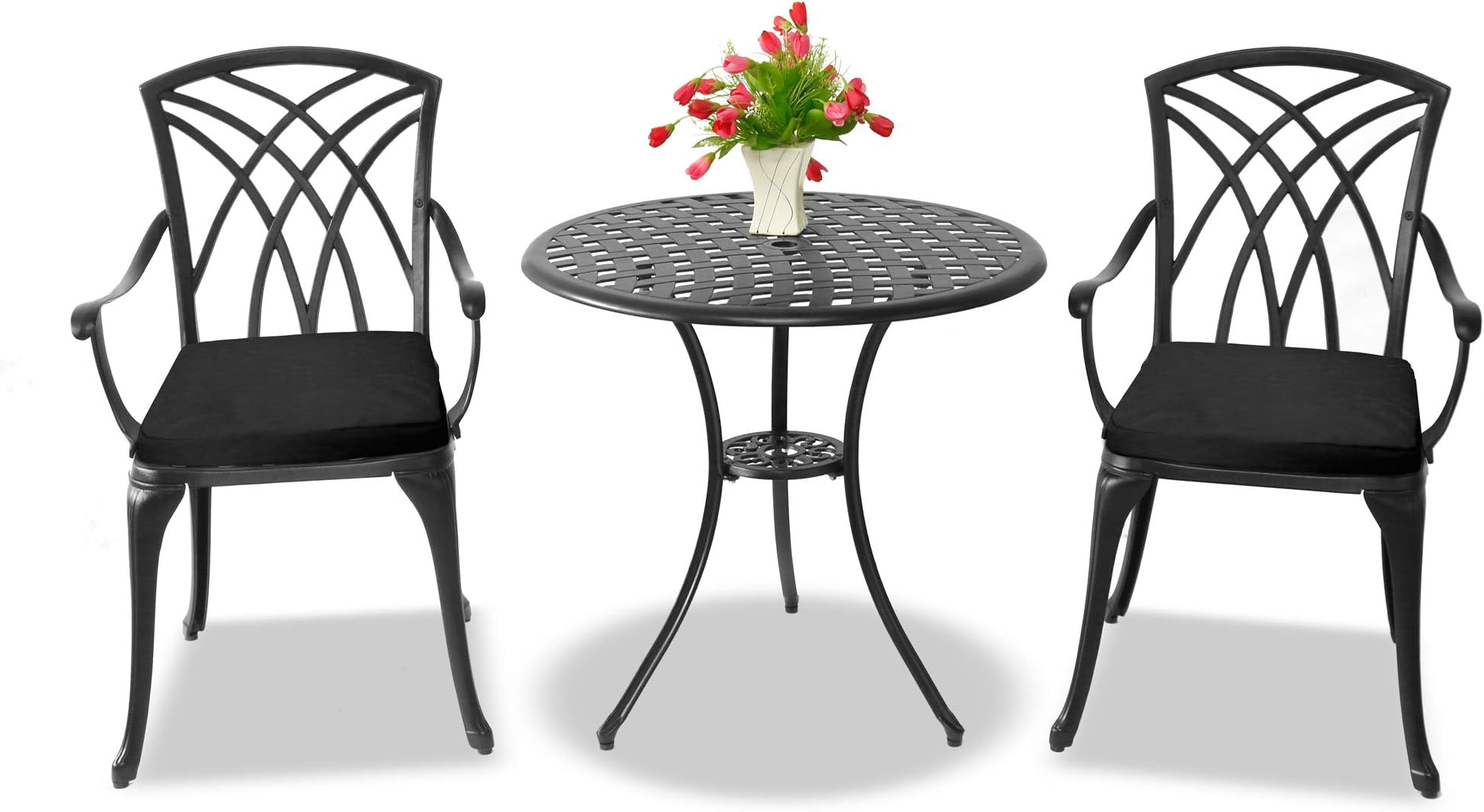 Centurion SupportsOSHOWA Black Garden & Patio Table & 2 Large Chairs with Armrests Cast Aluminium Bistro Set with Black Cushions