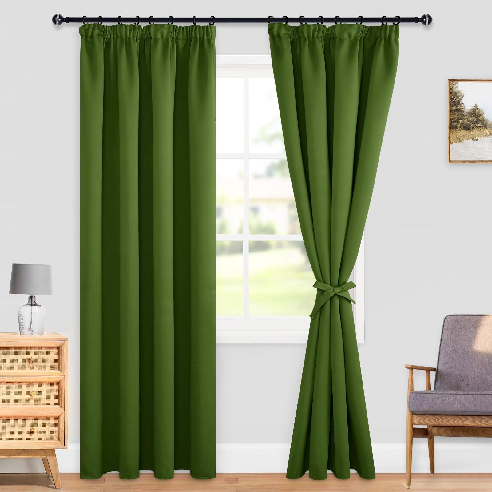 DWCN Blackout Curtains for Bedroom Thermal Insulated Room Darkening Pencil Pleat Window Curtains for Living Room 46 x 90 inch Length, Green, 2 Panels