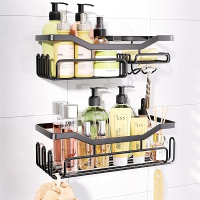 HapiRm Storage Shower Shelves Caddy with 11 Hooks 304 Stainless Black