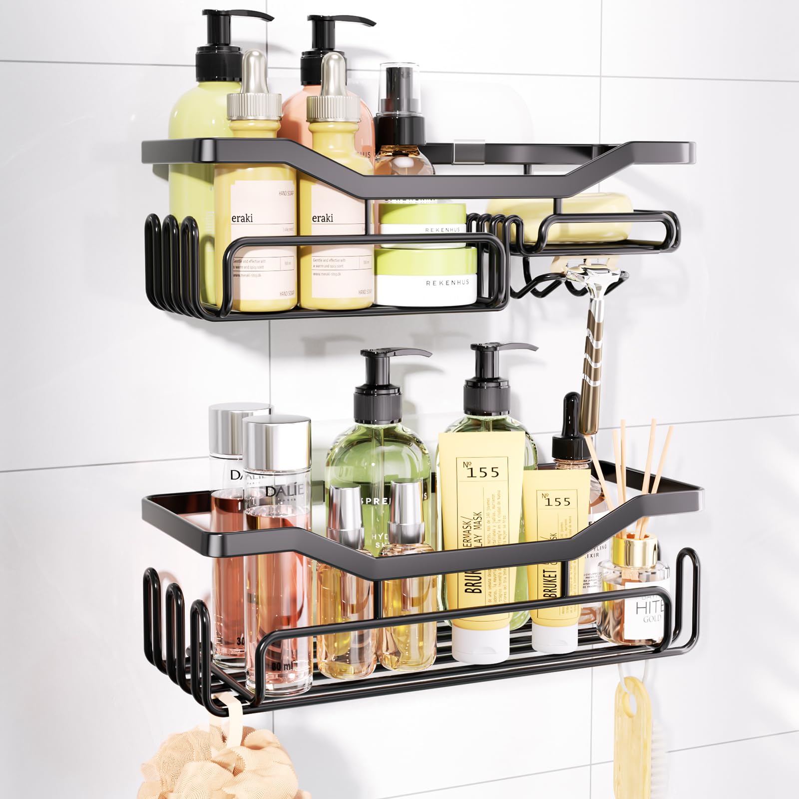 HapiRm Storage Shower Shelves, Shower Caddy organiser with 11 Hooks, Shelf with Razor Holder,Soap Dish,Towel Hook Bathroom Accessories Black,3 Sticker,2 pcs