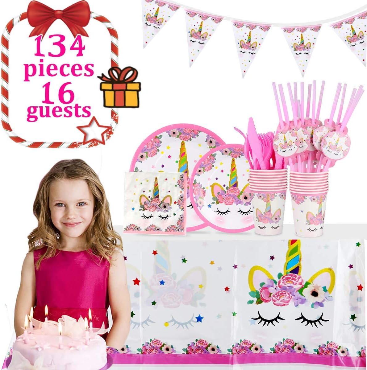 Unicorn Party Supplies Birthday Party Set 134Pcs Serves 16 Guests | Disposable & No Washing Up | Perfect Party Solution 100% Bio-Degradable Non-Toxic Decoration Tableware Cutlery