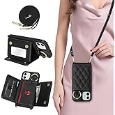 DEYHU for iPhone 12 Case with Card Holder and Strap for Women,Crossbody Lanyard, Make Up Mirror,Ring Stand,Snap Clasp,Cute Phone Wallet Cases 6.1 inch - Black
