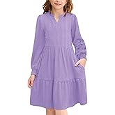 Girls Fall Knit Dresses V Neck Long Puff Sleeve Dress Ruffle Hem with Pockets 6-14 Years