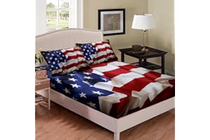 EROSEBRIDAL United States Fitted Sheet American Flag Blue Red Printing Bedding Set for Kids Teens Adult USA Federations Stars Stripe Fitted Bed Sheet Queen Size 1 Fitted Sheet with 2 Pillow Cases(No Top Sheet)