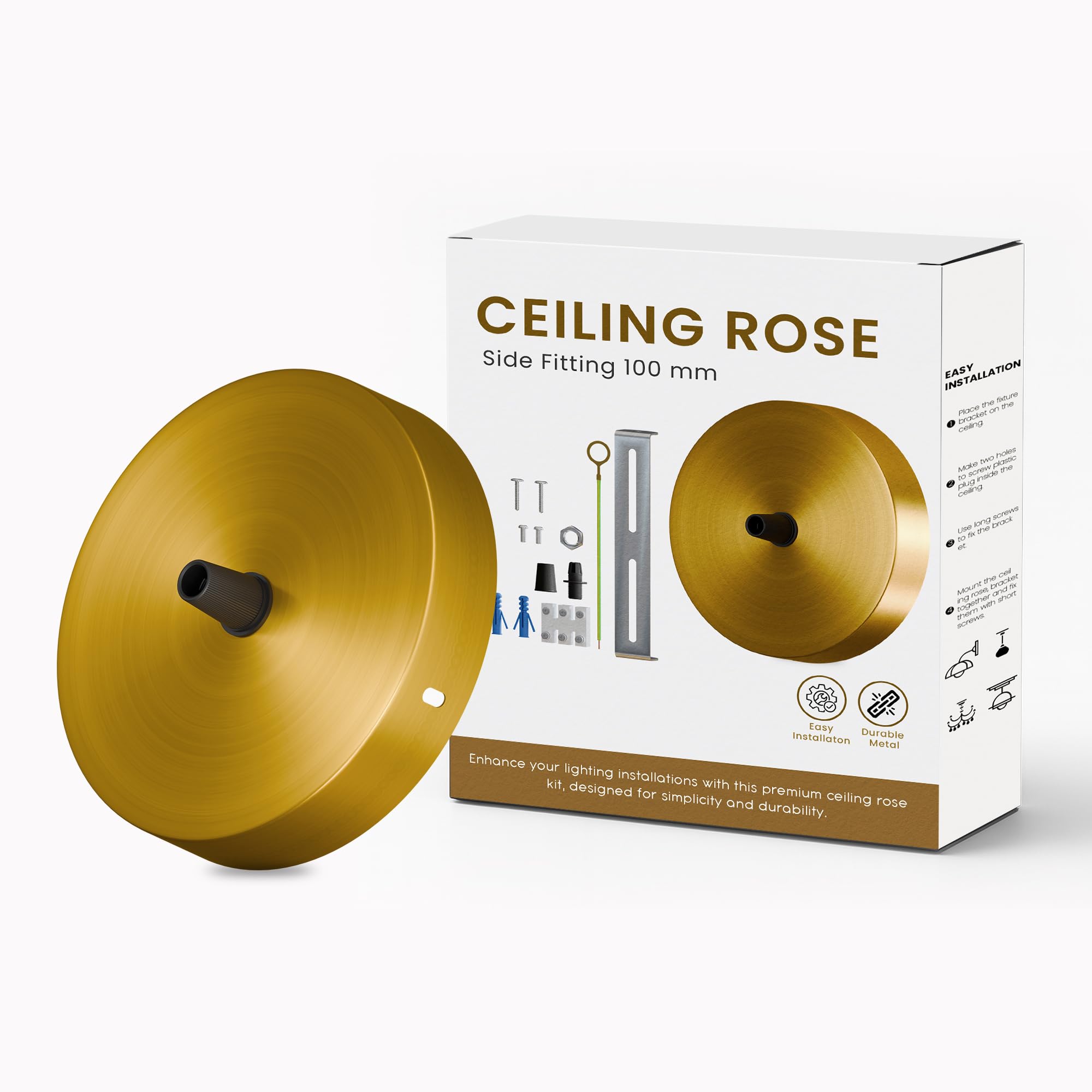 Metal Ceiling Rose Light Fitting 100mm Pendant Cable Grip Flex Clamp Plate for Hanging Lamp Yellow Brass Single Point Canopy Kit with Accessories Full Set UK Stock Wall Lamp and Chandeliers
