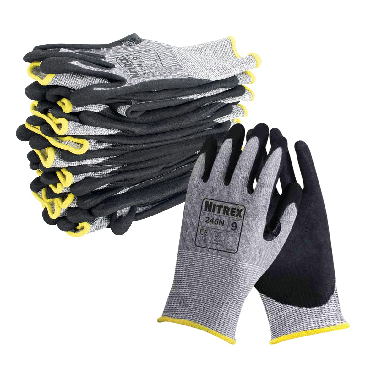 Nitrex 245N Work and Safety Gloves, Bag of 10 Pairs, Size 7 - D Rated Cut Resistant Gloves with Sandy Nitrile Palm Coating