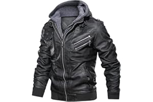 CARWORNIC Men's Faux Leather Jacket Casual Brown Motorcycle Jacket with Removable Hood