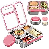 Pawtong Stainless Steel Bento Box Kids Adult with 7oz Insulated Food Jar, Transparent Lid Metal Lunch Box With Soup Thermal Jar, Lunch Box Container with Removable Divider & Sauce Cup School (Pink)