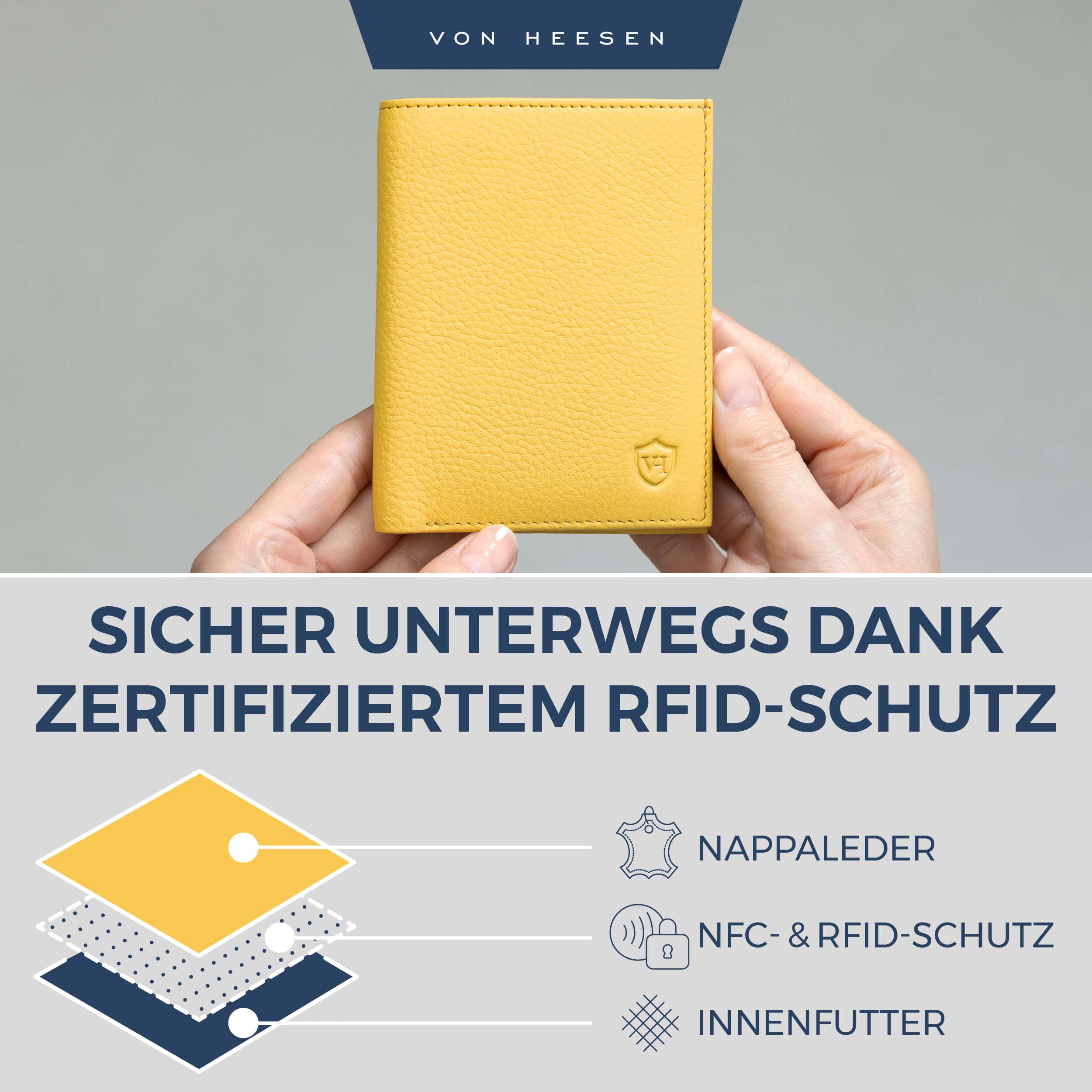 VON HEESEN Leder Geldbörse Herren mit Münzfach & RFID Schutz I Echtleder Geldbeutel für Männer & Damen I Portemonnaie Brieftasche Wallet Portmonee (Gelb, OHNE MÜNZFACH) 5
