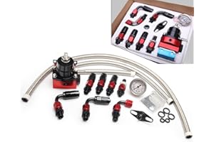 WENJTP EFI Fuel Pressure Regulator Kit with 0-100psi Pressure Gauge AN6-6AN Aluminum Adjustable Universal Fuel Line Hose Fitting Connectors Kit Black&Red HTRACING