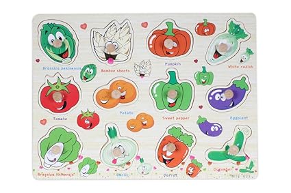 Baybee Premium Wooden Puzzles -Upper,CaseSmall Alphabet Letters,0 to 20 Puzzle, Geometric Shape Sorter,Wooden Magnetic Writing Board,Classroom Puzzle,Tangram Puzzle (Vegetables)