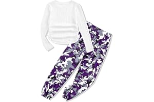 Glaoly Girls' Clothing Sets Ruched Drawstring Ribbed Knit Long Sleeve Crew Neck T Shirt Camo Print Pants Girls Clothes