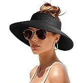 Womens Sun Visor Hats Wide Brim Straw Beach Hat UV Protection Ponytail Packable Beach Vacation Essentials