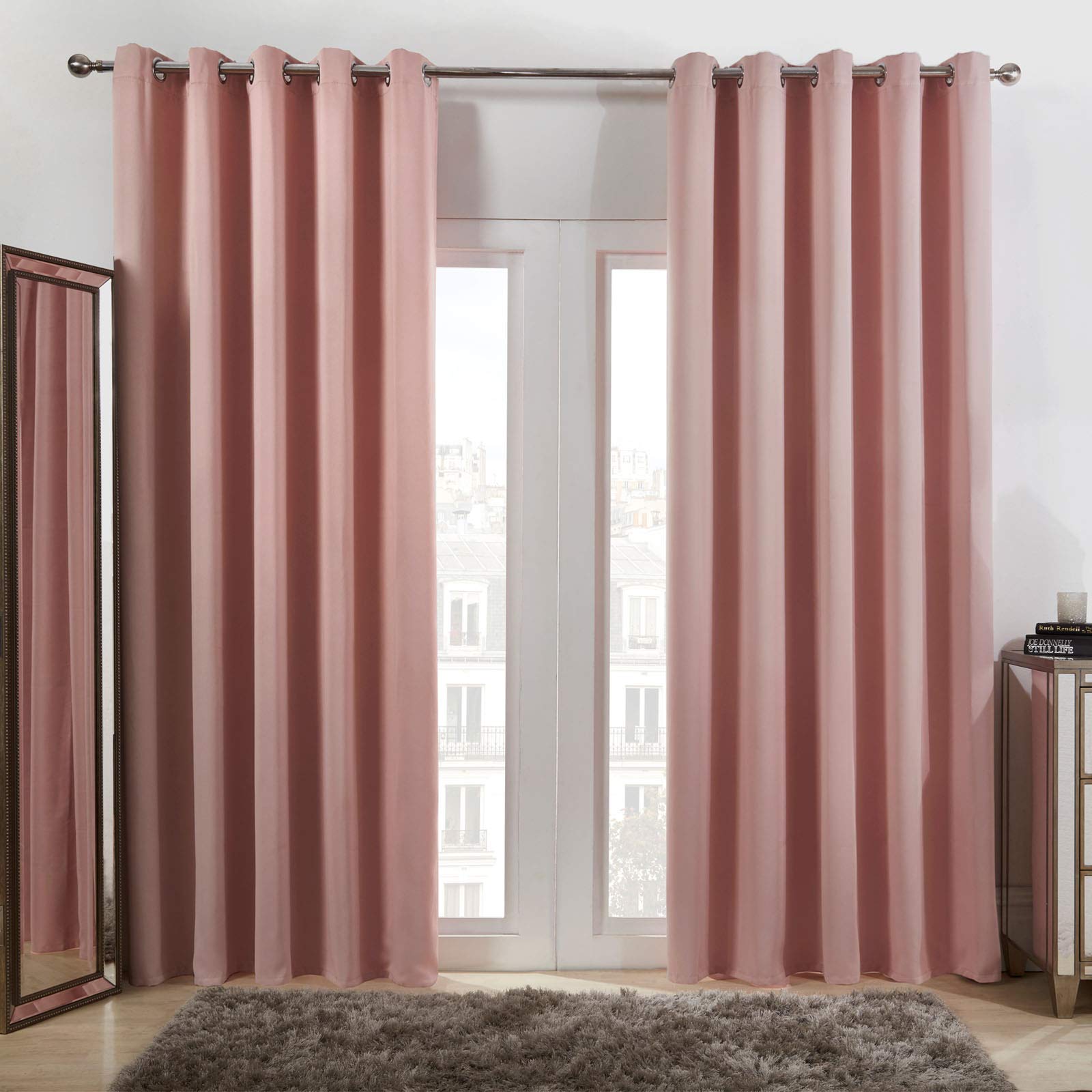 Dreamscene Eyelet Blackout Curtains Pink, Decorative Black Out Curtain for Bedroom Living Room Soft Modern Thermal Lined Blackout Curtains 2 Panels, 66x72”
