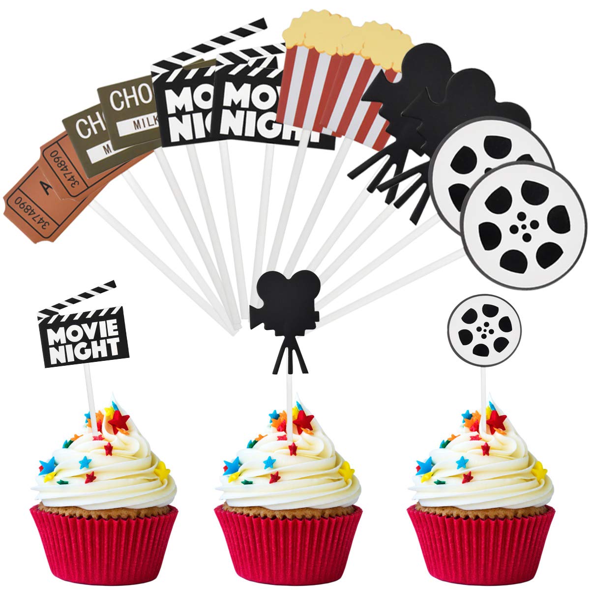 Movie Night Cupcake Toppers - 12 Pcs Hollywood Movie/Film/Cinema Theme Cupcake Decorations for Theme Parties, Baby Showers, Birthdays, Weddings, Graduations