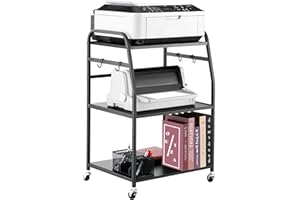 Vividwood Printer Stand - Large 3 Tier Printer Table with Adjustable Storage Shelf - Rolling Cart with Wheels -Stable Desk for Home Office Use (Black)