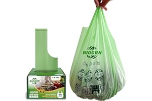 BIOGRN Compostable Trash Bags 1.2-1.6 Gallon with Handles 50 Count 0.6 Mil 6.06 Liter Heavy Duty Small Kitchen Food Scrap Waste Compost Bags for Countertop Bin ASTM D6400 & BPI Certified, OK Compost Home