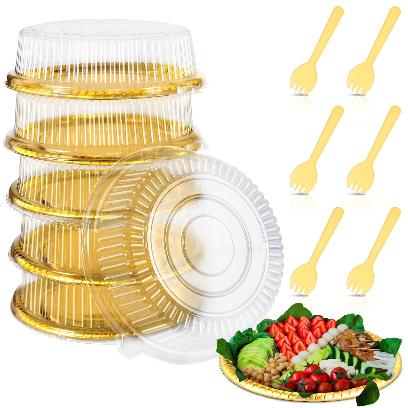 Photo 1 of Tessco 6 Pack Plastic Serving Platters with Lid and Sporks, Disposable Heavy Duty Party Tray Round Catering Tray Containers for Food Salad Sandwich Takeout Picnic Supplies(12 Inch,Gold, Yellow)