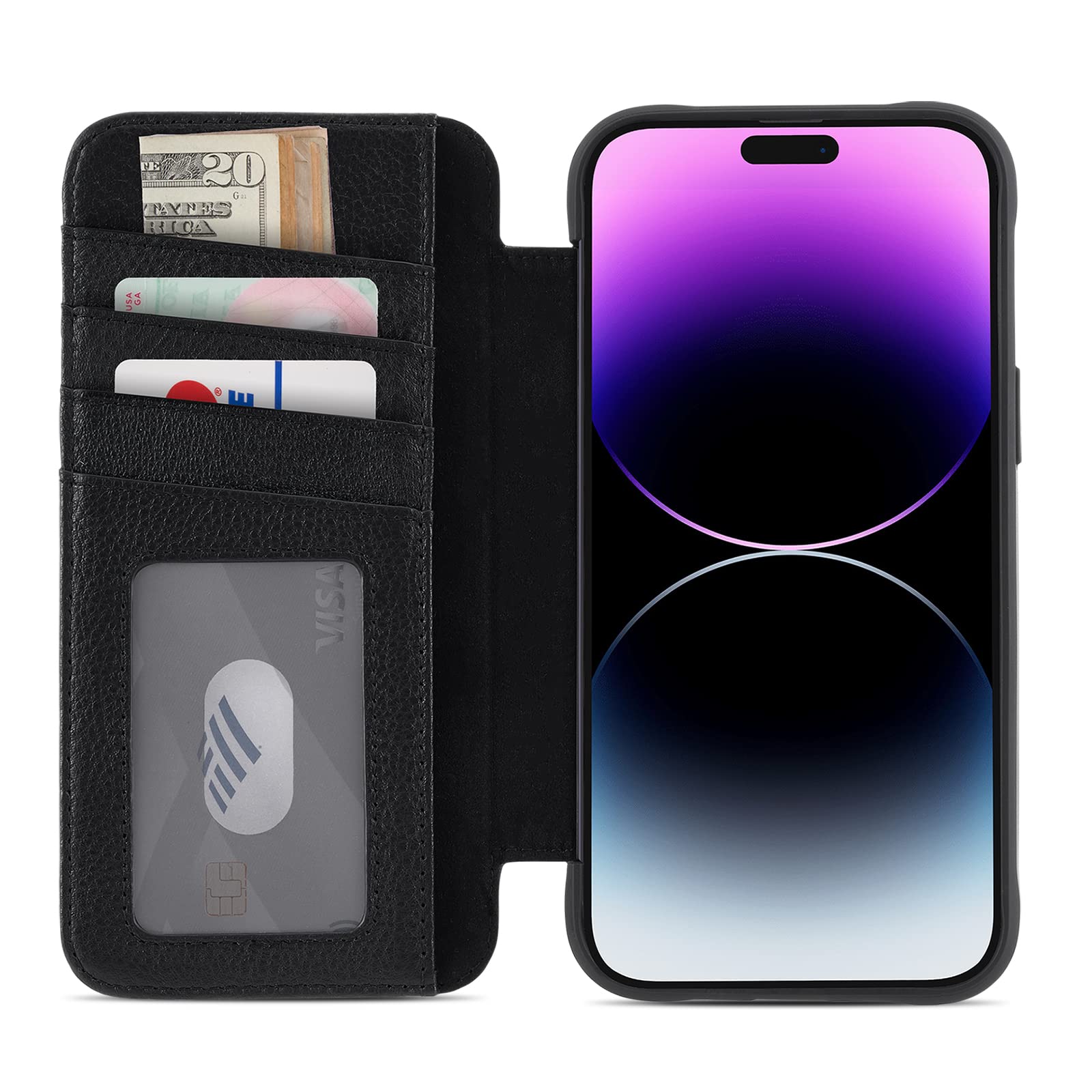 Case-Mate Wallet Genuine Leather BookCase compatible with Apple iPhone 14 Pro Max case leather [10ft drop protection Magnetic ring incl. money and card slots Handmade leather] - Black