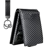 LIUGX Mens Wallet Set with Keychain, Slim Bifold Leather RFID Minimalist Wallet with Pop Up Card Holder, Holds 20 Cash Bills & 12 Cards, SD & Nano Sim Slots, Snap Closure, Carbon Fiber Black