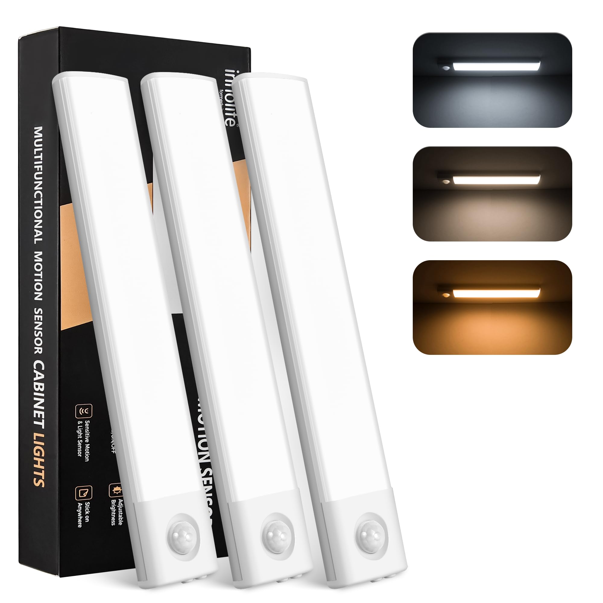 innolife Under Cabinet Kitchen Lights 3 Pack, 40 LED Super Bright,3 Color & 1200mAh 6000K Dimmable,4 Modes,Motion Sensor Cupboard Lights,USB-C Rechargeable Magnetic Lights for Kitchen Cabinet Wardrobe
