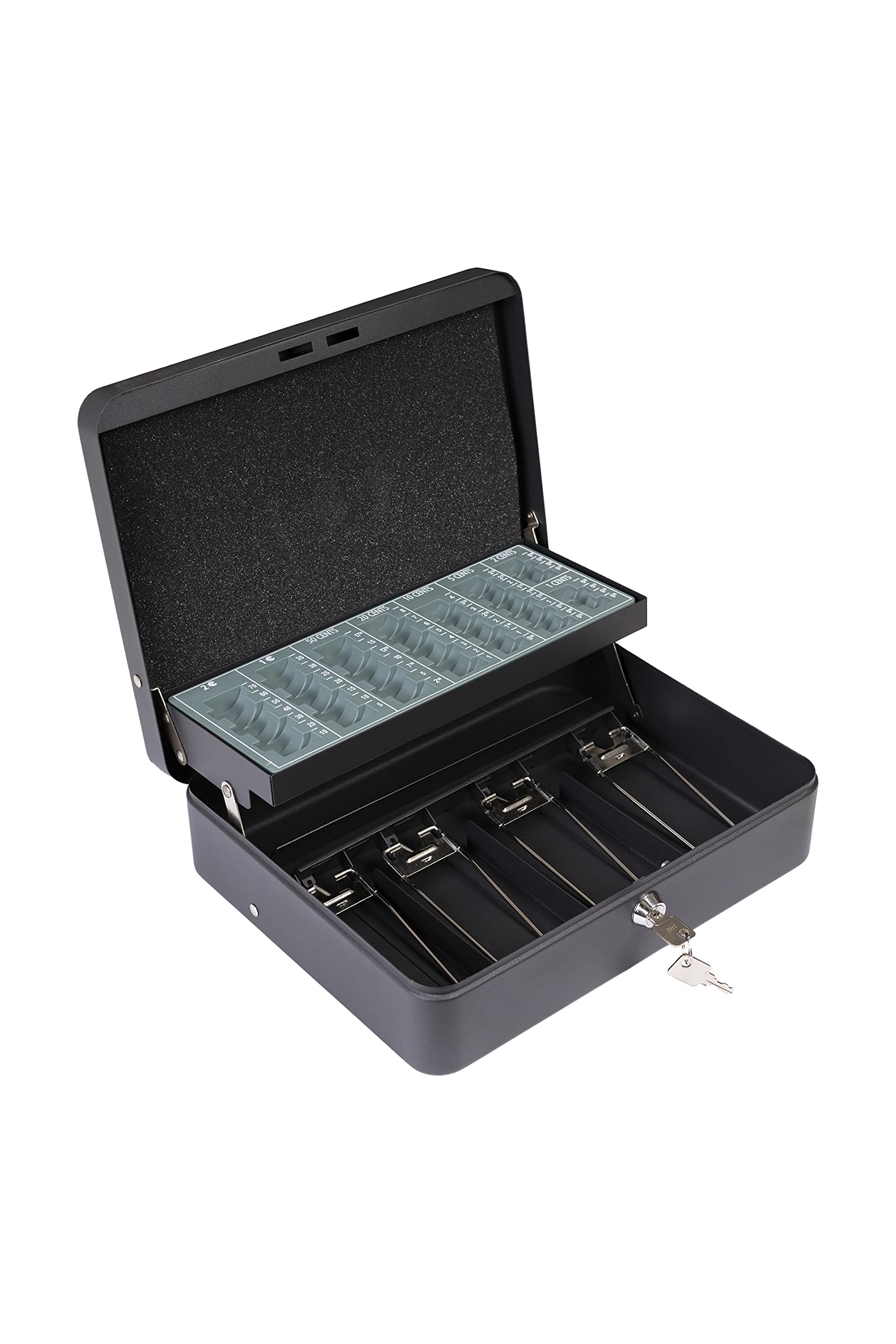 ARREGUI Cashier Clip C9244-EUR Flow Box with Key for Counting and Transporting Money | Steel Security Box with Coin Organizer Tray and Ticket Clips | Portable Safe | Black