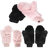 SATINIOR 2 Pairs Faux Fur Flip Cover Mittens Winter Warm Fingerless Gloves Soft Half Finger Mittens Faux Fuzzy Lined Wool Convertible Fingerless Gloves for Women Girls, Black and Pink