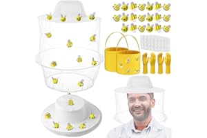 FULASITEU 126pcs Beekeeper Set includes 2pcs Beekeeper Veil Hat, 20 Felt Bees, 2 Yellow Felt Buckets, 2 Yellow Gloves and 100 Round Double Sided Adhesive Tapes for Bee Keeper Catcher Halloween Costume
