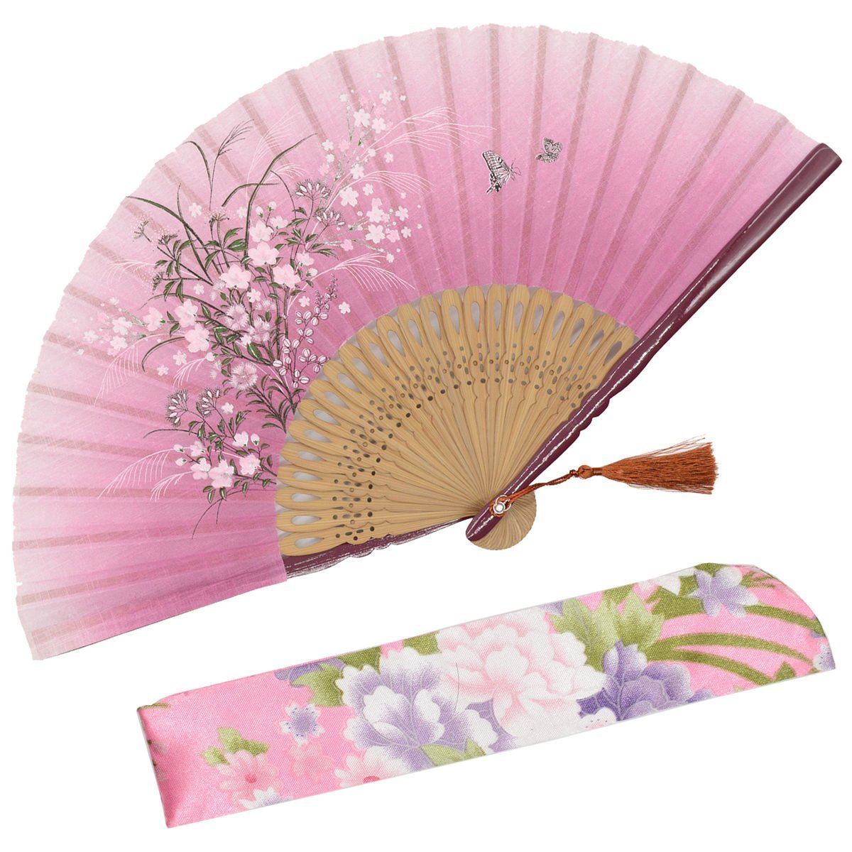 OMyTea "Grassflower Folding Hand Held Fan for Women - Chinese/Japanese Vintage Retro Style - With a Fabric Sleeve for Protection (Red)