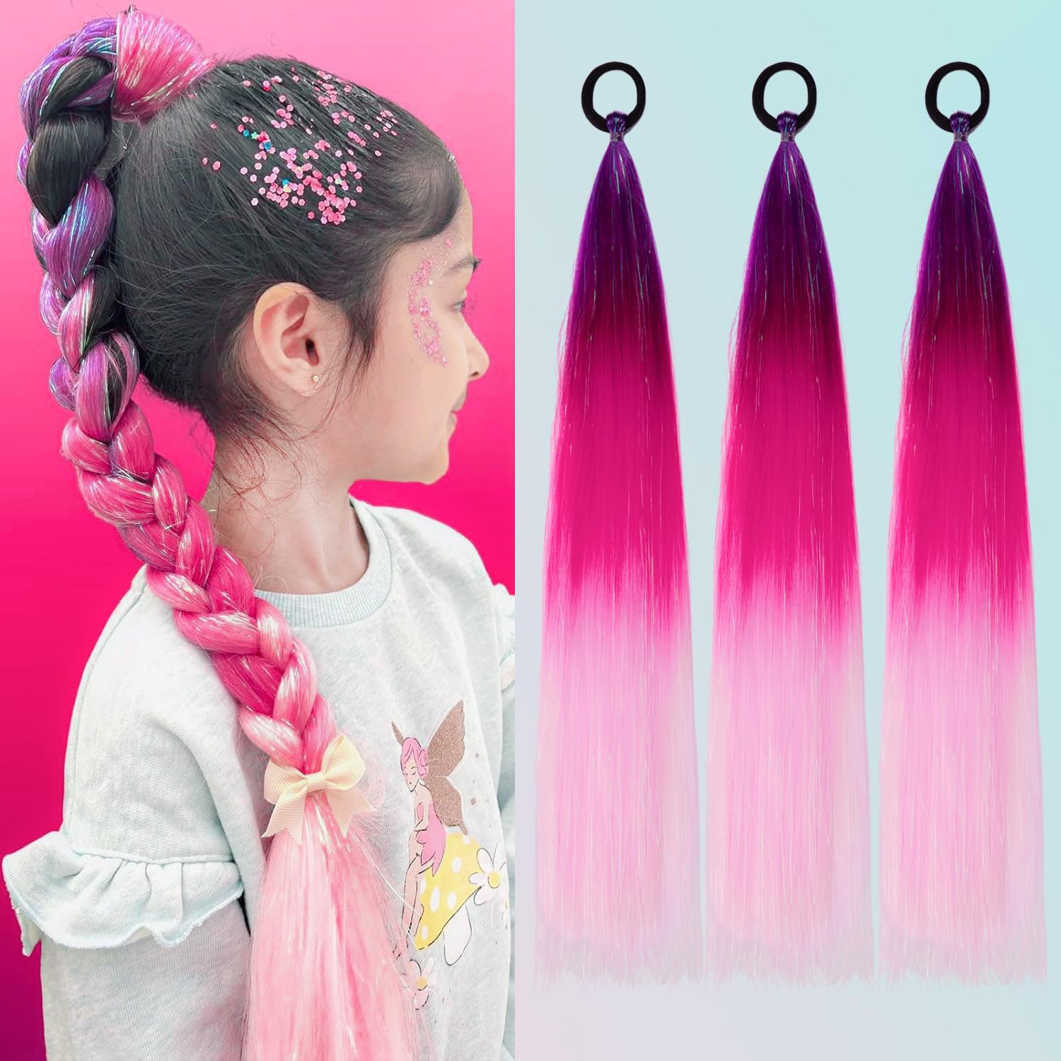 PORSMEER 3 Pcs Rainbow Hair Extensions With Elastic Tie,3 Tone Mermaid Hair for Braiding Crochet,Synthetic Braided Ponytail Extension for Women,Glitter Hair for Festival/Party(Purple/Red/Pink) — image 1