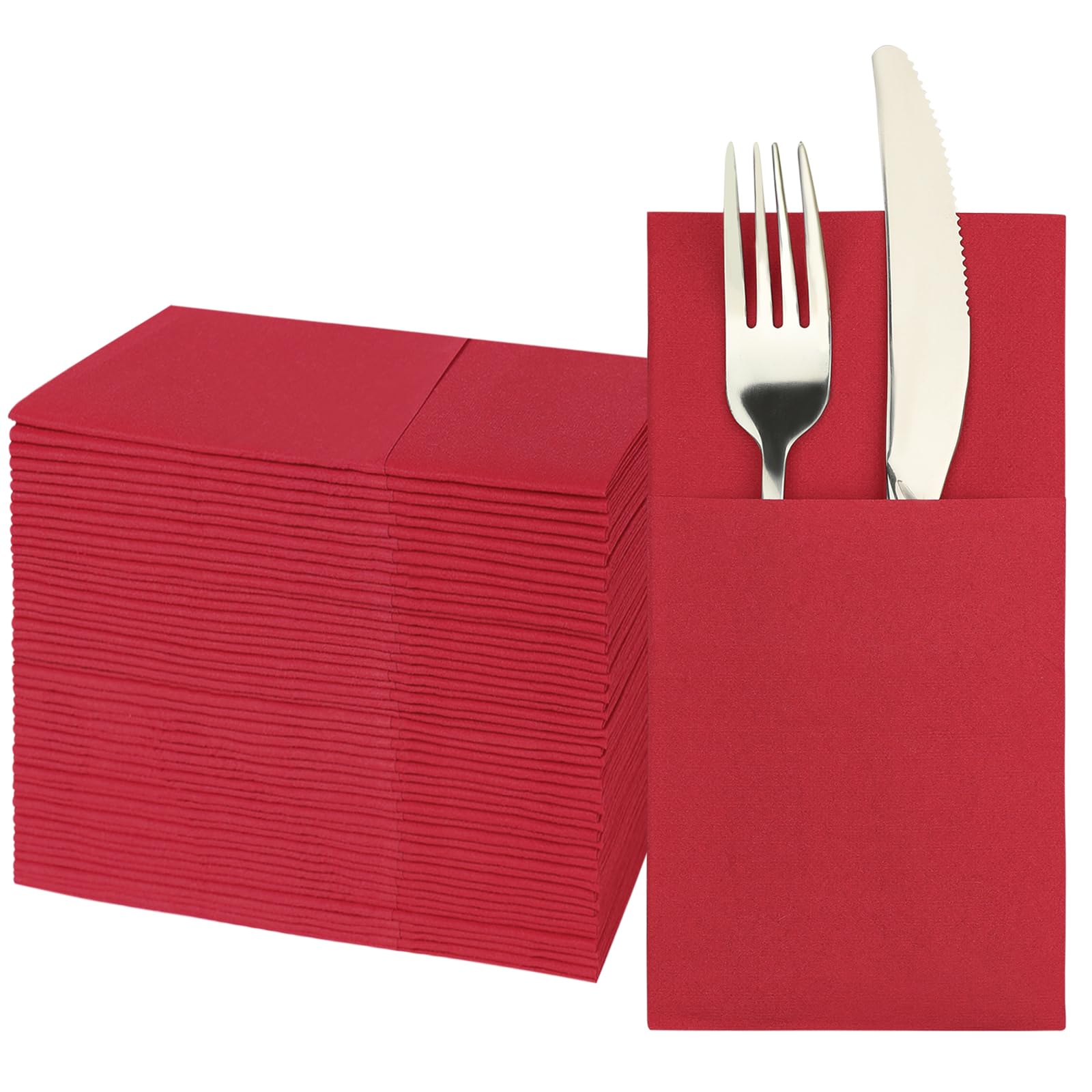 Photo 1 of JEBBLAS Dinner Napkins with Built-in Flatware Pocket, Cloth Like Napkins, Linen-Feel Disposable Hand Napkins for Kitchen, Bathroom, Parties, Weddings, Dinners or Events, 16x16inches, Pack of 50,Red
