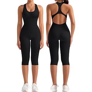 OLCHEE Womens Capri Workout Jumpsuits Racerback Seamless Tummy Control Yoga One Piece Unitard Sculpt Rompers Padded