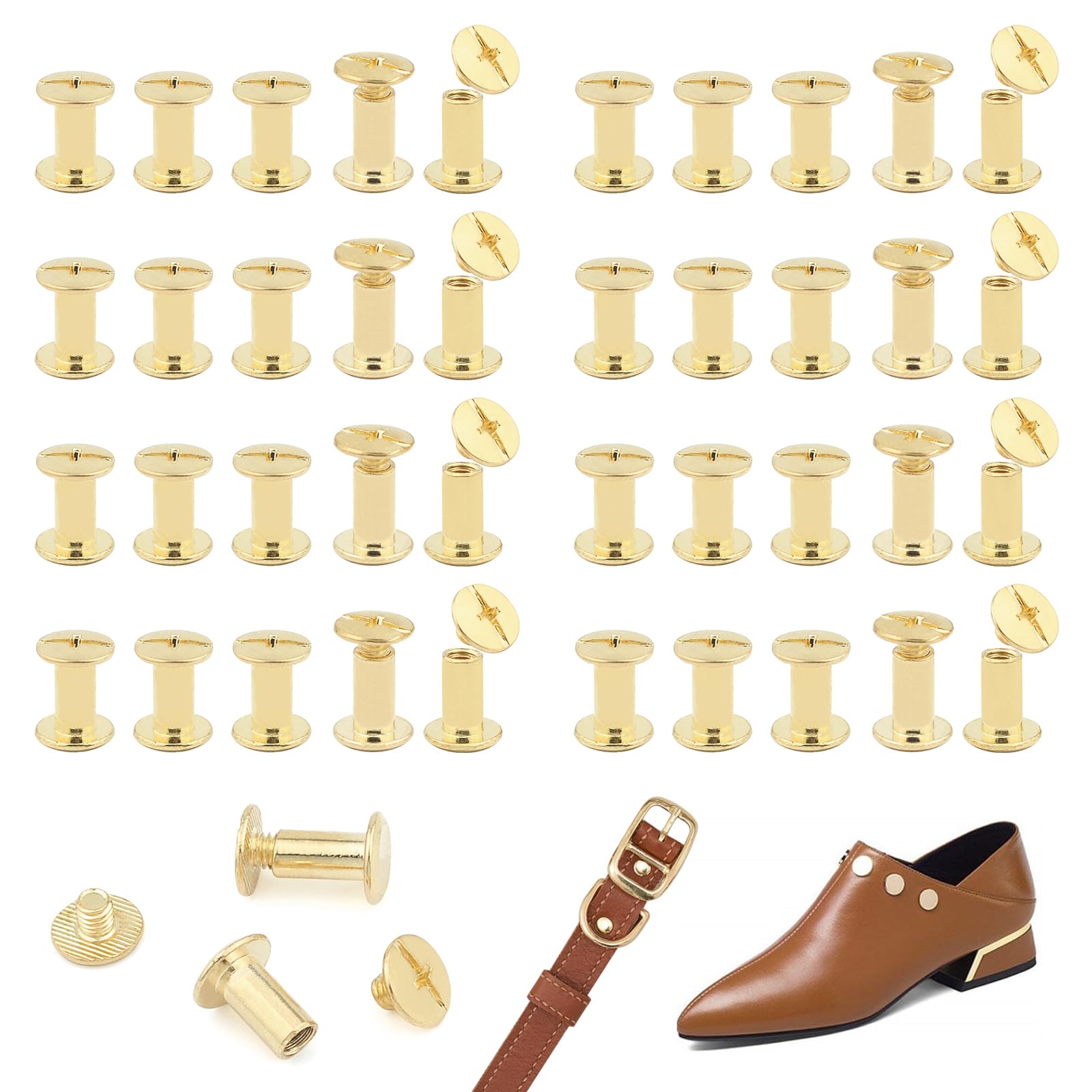 JJWNMLL 80 Sets Chicago Screw Posts M5*10mm, Rivet Chicago Binding Screws, Metal Rivet Replacement Repair for Bags, Collar, Harness, Luggage, Purse, Dog Lead, Backpack, Belt - Golden