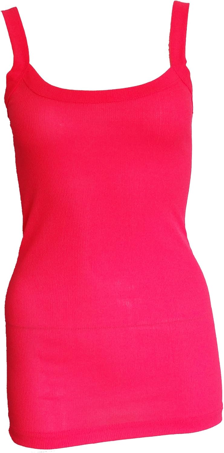 Womens Neon Pink Ribbed Vest Strap Gym Fitness Basic Rib Sports Vest