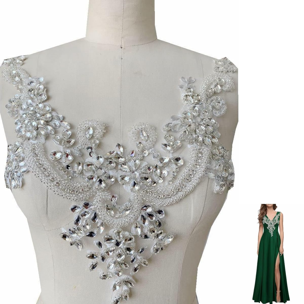 Handmade Rhinestones lace Applique handsewing Beads Trim Patches Neckline for Dress Clothes Accessory (White)