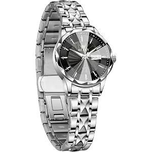 OLEVS Women's Watch Dress Waterproof Analog Quartz Luxury Stainless Steel Watches with Date Day,3D Faceted Crystal & Luminous