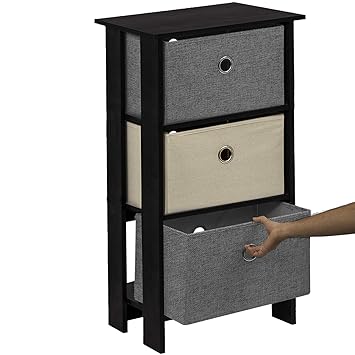 Klaxon Protea Wooden Table Storage Cabinet with 3 Fabric Drawer Chest - Black with Cream & Grey