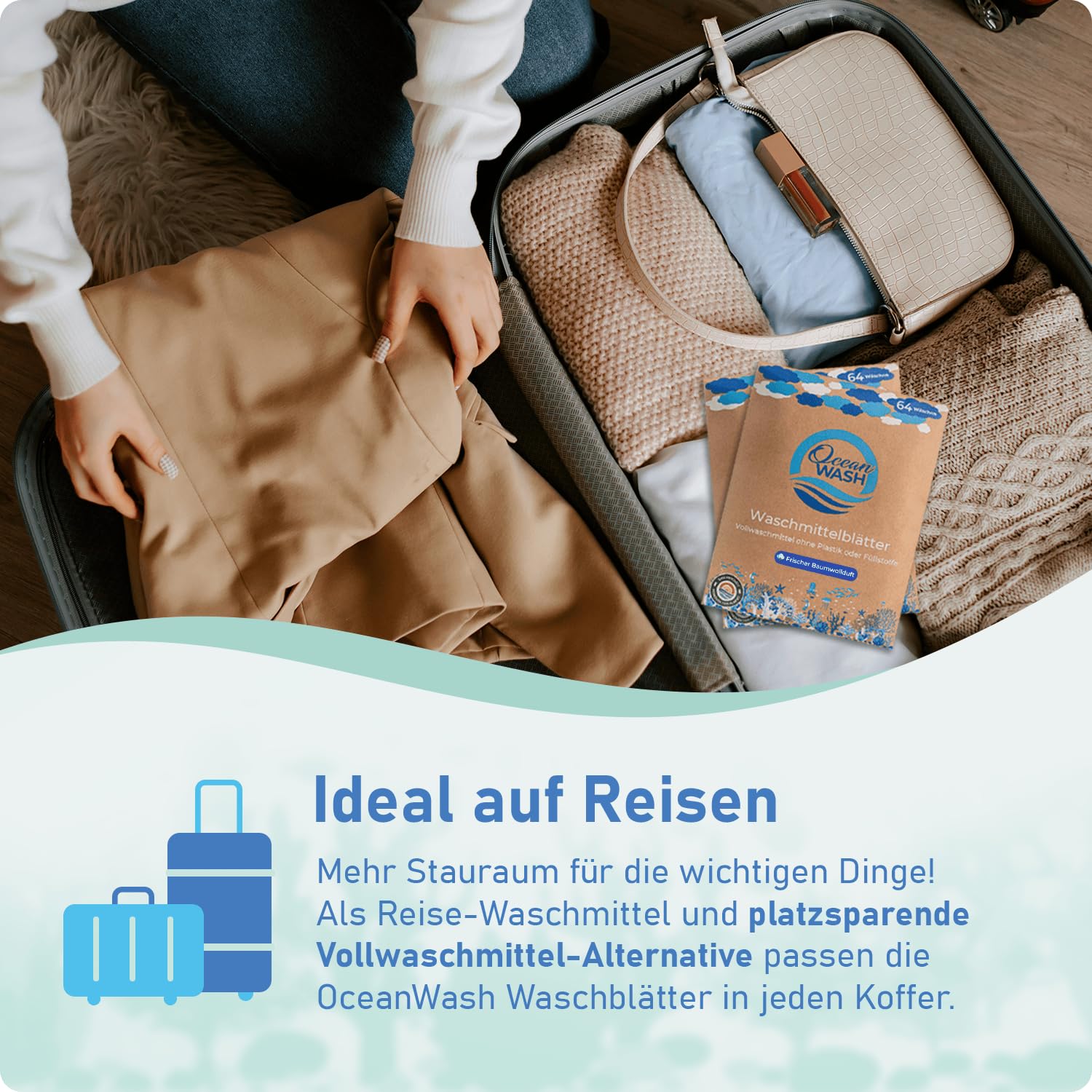 OceanWash Waschmittelblätter für 64 Wäschen biologisch abbaubar & mit Frischeduft - Waschmittel Blätter für alle Textilien und Farben - Waschblätter für die Waschmaschine mit Vollwaschmittel 5