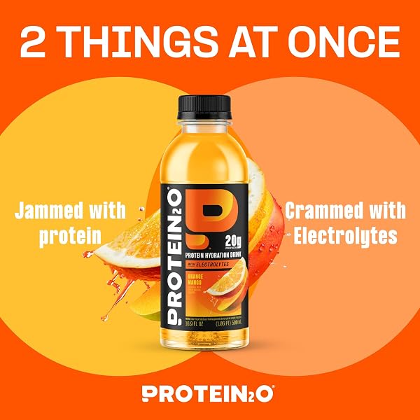 PROTEIN2O HYDRATION DRINK – 2-IN-1 LIQUID CLEAR WHEY PROTEIN ISOLATE AND ELECTROLYTE DRINK – 20G PROTEIN, VITAMINS B5, B6 – POST-WORKOUT RECOVERY – 16.9 FL OZ – 12 COUNT ORANGE MANGO
